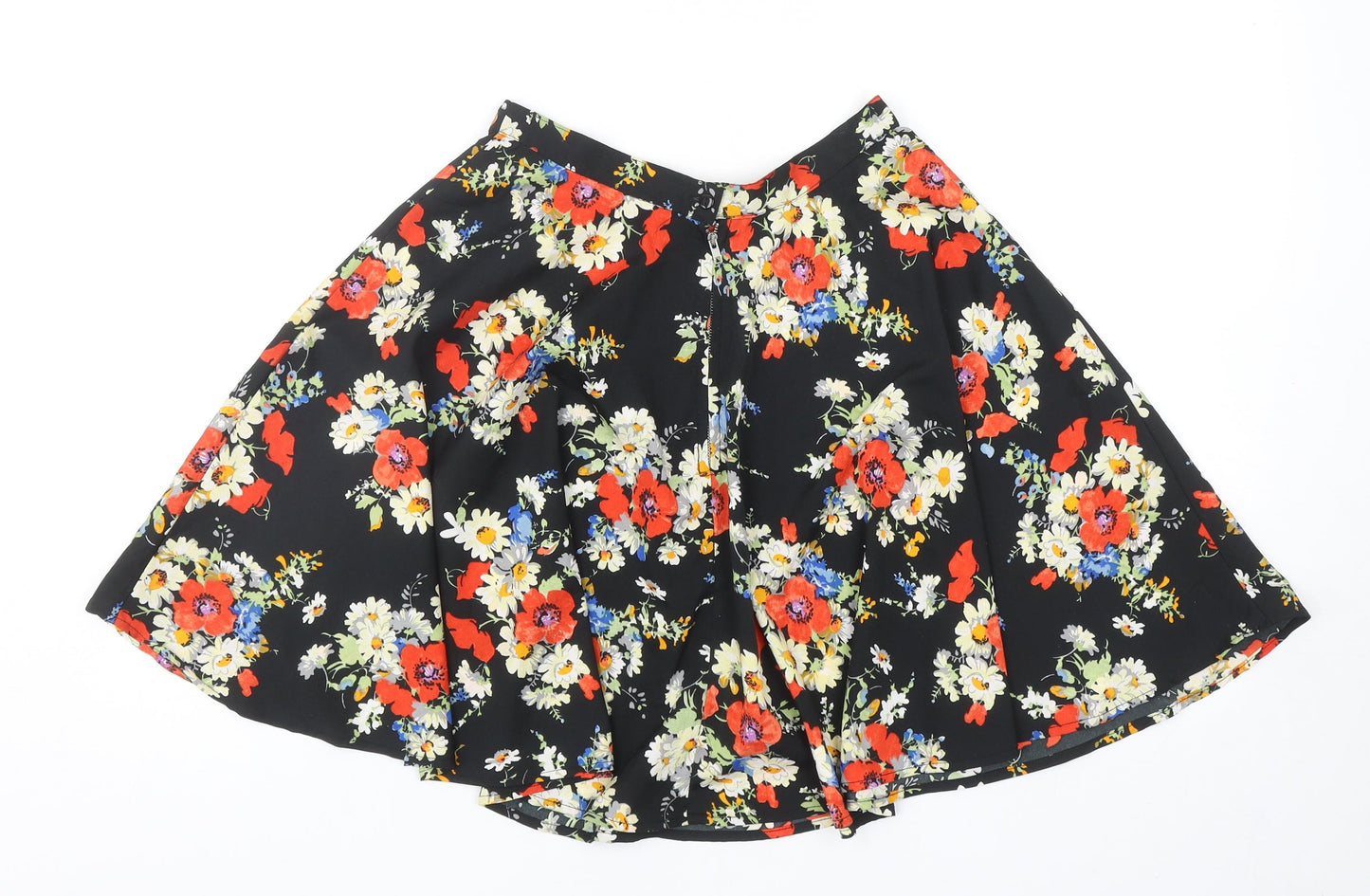 New Look Womens Black Floral Polyester Skater Skirt Size 8 Zip