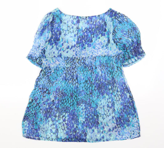 Damart Womens Blue Geometric Polyester Basic Blouse Size 10 Boat Neck