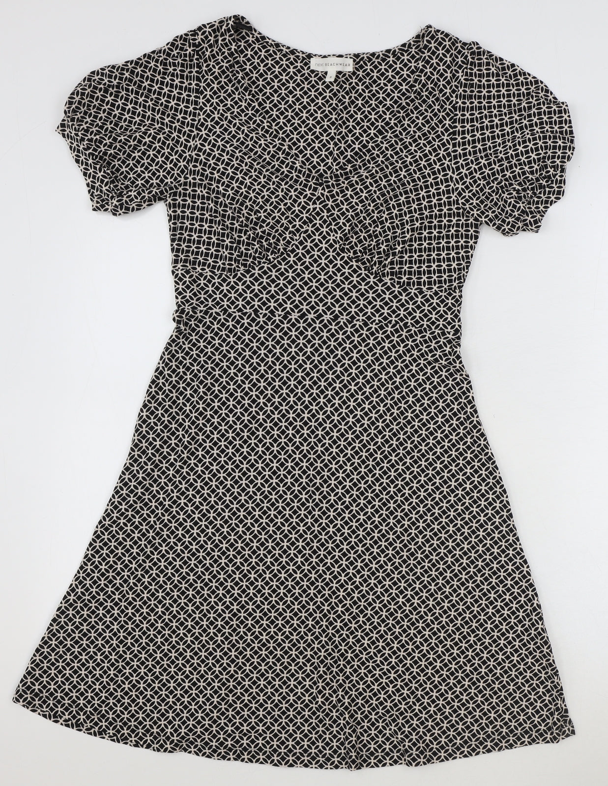Next Beachwear Womens Black Geometric Viscose Fit & Flare Size 8 V-Neck Pullover