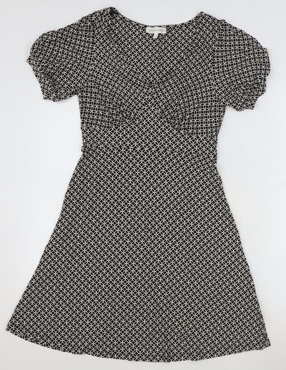 Next Beachwear Womens Black Geometric Viscose Fit & Flare Size 8 V-Neck Pullover