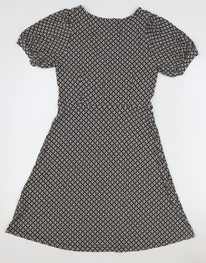 Next Beachwear Womens Black Geometric Viscose Fit & Flare Size 8 V-Neck Pullover