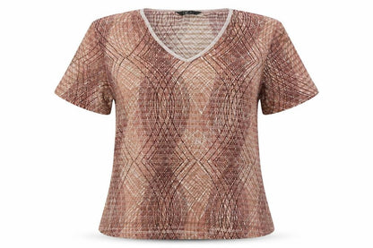 Bonmarché Womens Brown Geometric Polyester Basic T-Shirt Size L V-Neck