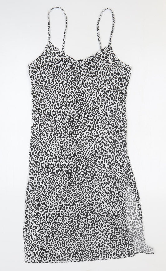 PRETTYLITTLETHING Womens White Animal Print Polyester Pencil Dress Size 10 Round Neck Pullover - Leopard Print