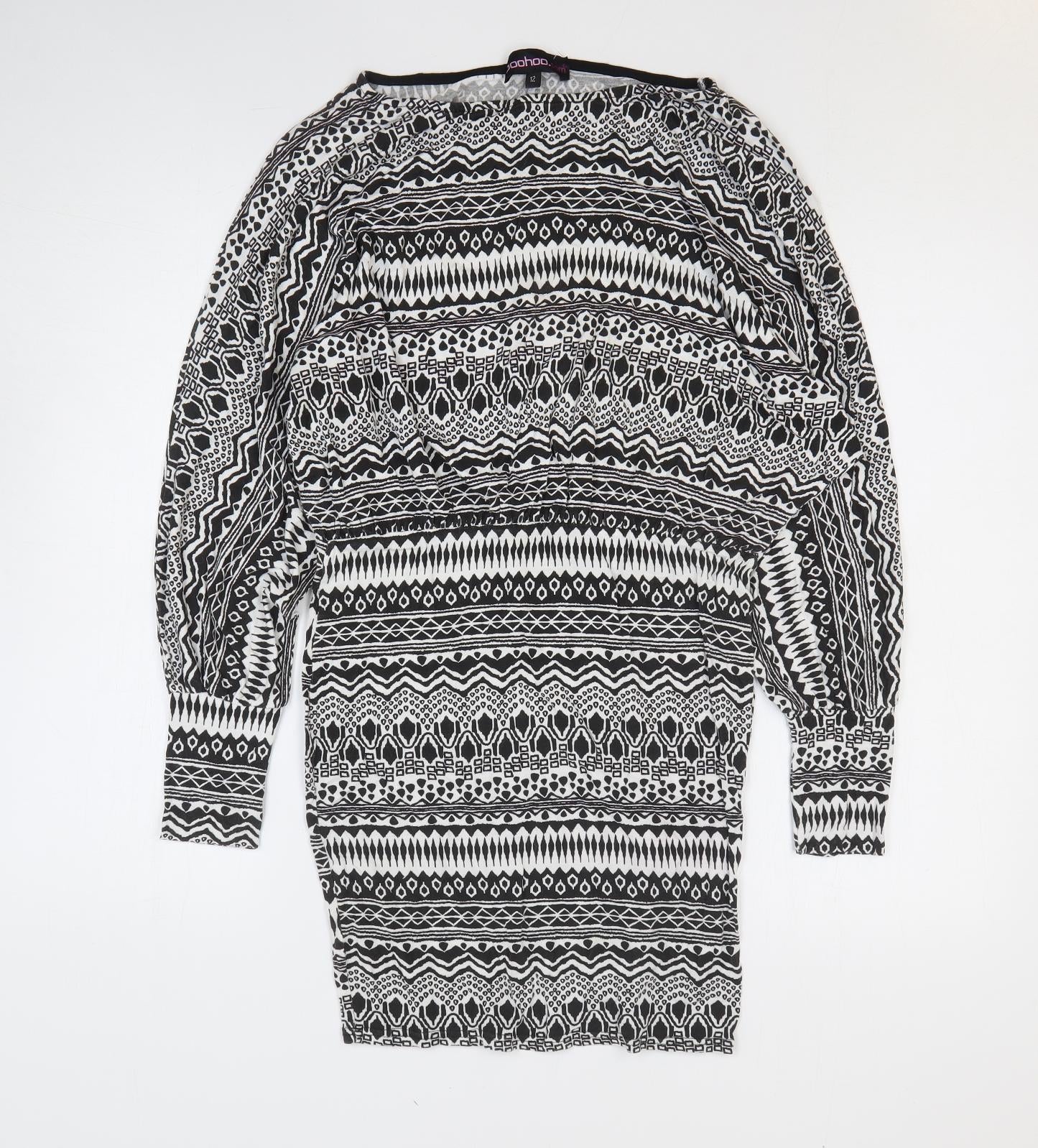 Boohoo Womens Black Geometric Viscose Bodycon Size 12 Round Neck Pullover