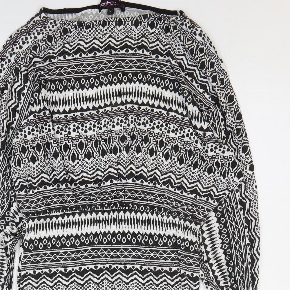 Boohoo Womens Black Geometric Viscose Bodycon Size 12 Round Neck Pullover