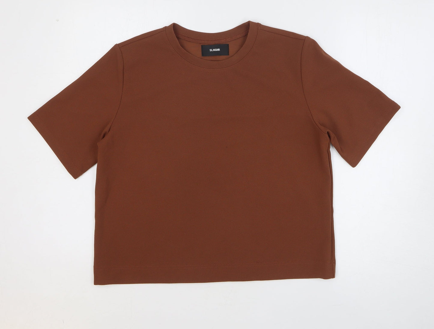 Slnghr Womens Brown Polyester Basic T-Shirt Size S Round Neck