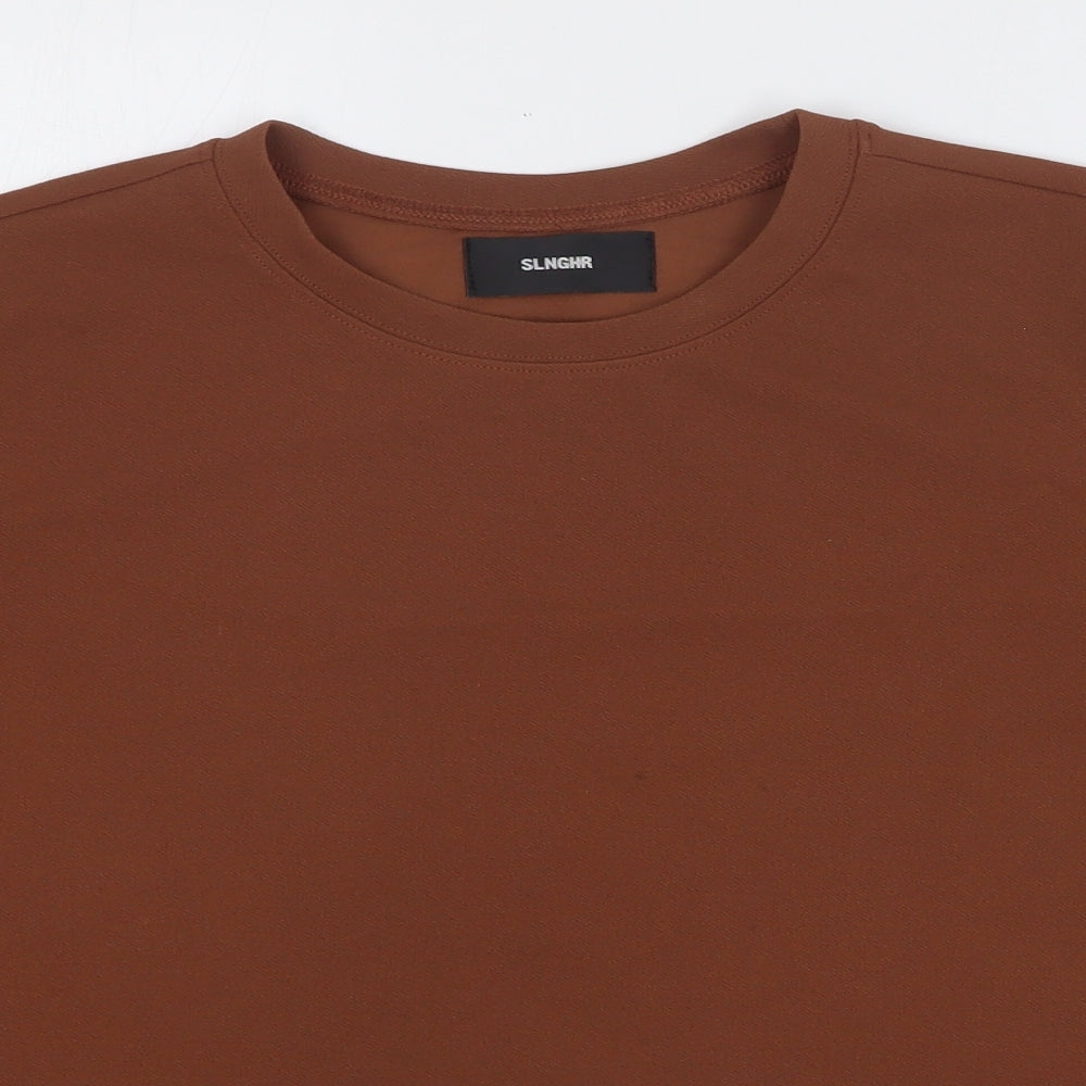 Slnghr Womens Brown Polyester Basic T-Shirt Size S Round Neck
