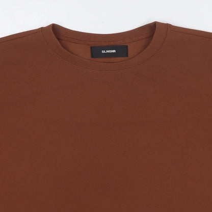 Slnghr Womens Brown Polyester Basic T-Shirt Size S Round Neck