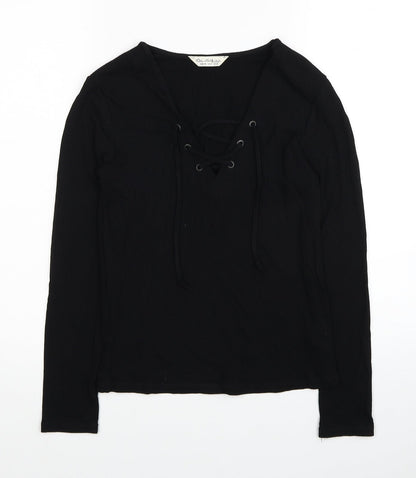 Miss Selfridge Womens Black Viscose Basic T-Shirt Size 10 V-Neck