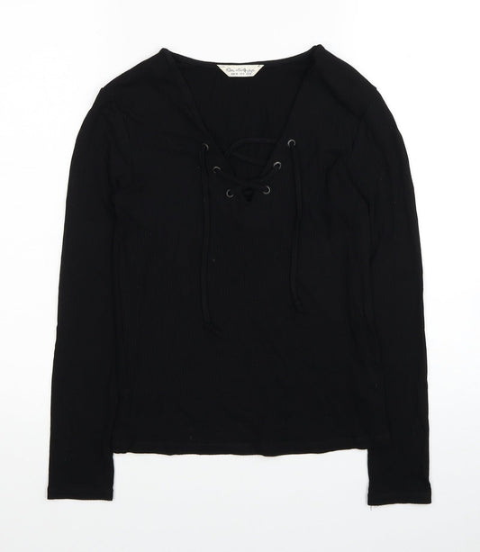 Miss Selfridge Womens Black Viscose Basic T-Shirt Size 10 V-Neck