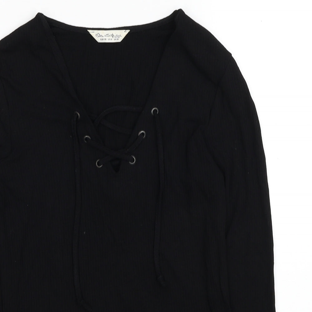 Miss Selfridge Womens Black Viscose Basic T-Shirt Size 10 V-Neck