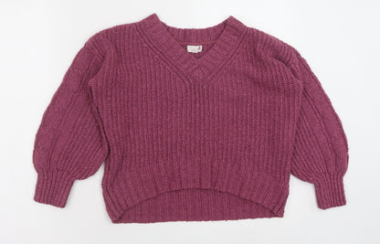 SO Womens Purple V-Neck Polyester Pullover Jumper Size S