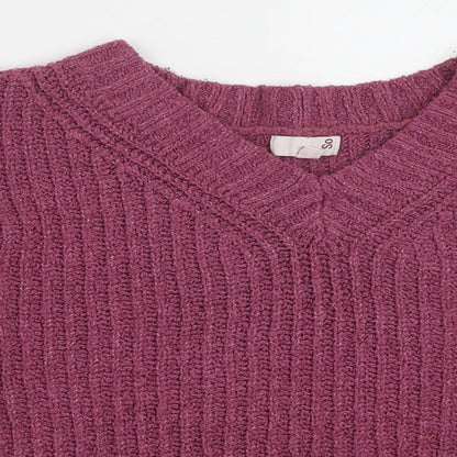 SO Womens Purple V-Neck Polyester Pullover Jumper Size S