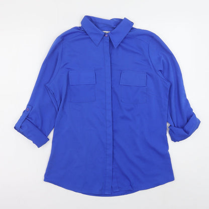 Jennifer & Grace Womens Blue Polyester Basic Button-Up Size S Collared