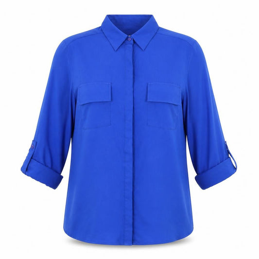 Jennifer & Grace Womens Blue Polyester Basic Button-Up Size S Collared