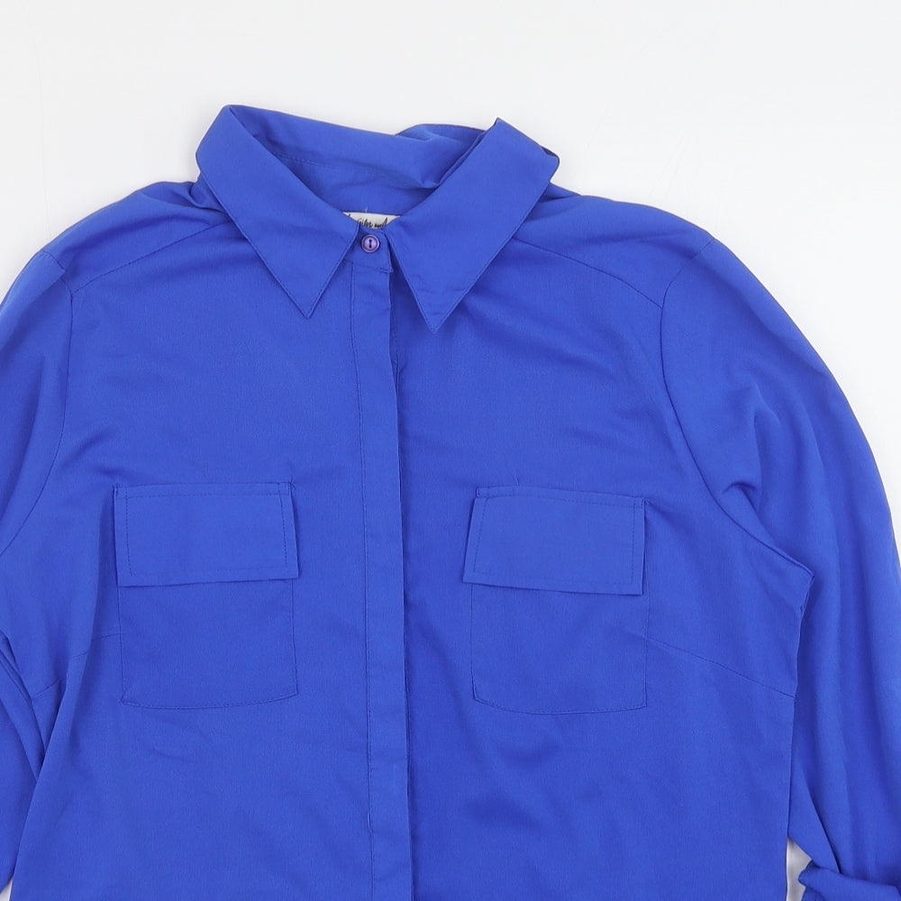 Jennifer & Grace Womens Blue Polyester Basic Button-Up Size S Collared