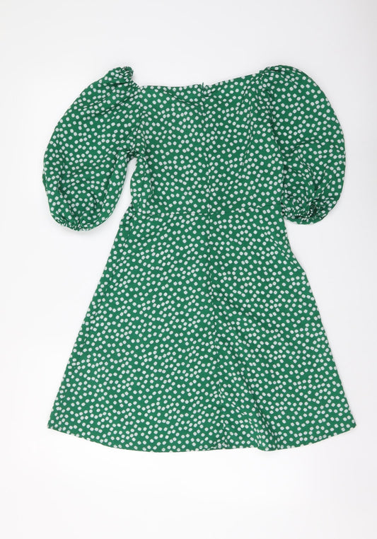 SheIn Womens Green Floral Polyester Skater Dress Size XS Off the Shoulder Zip