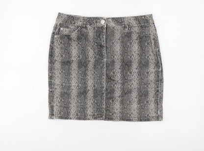 NEXT Womens Grey Animal Print Cotton A-Line Skirt Size 12 Button - Snakeskin Pattern