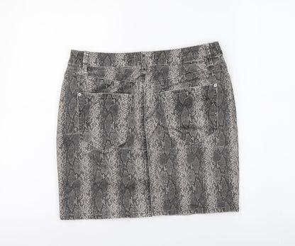 NEXT Womens Grey Animal Print Cotton A-Line Skirt Size 12 Button - Snakeskin Pattern