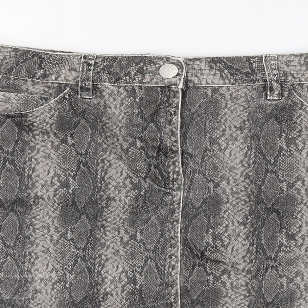 NEXT Womens Grey Animal Print Cotton A-Line Skirt Size 12 Button - Snakeskin Pattern