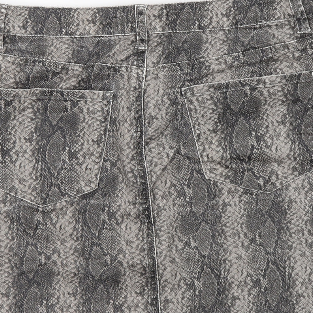 NEXT Womens Grey Animal Print Cotton A-Line Skirt Size 12 Button - Snakeskin Pattern