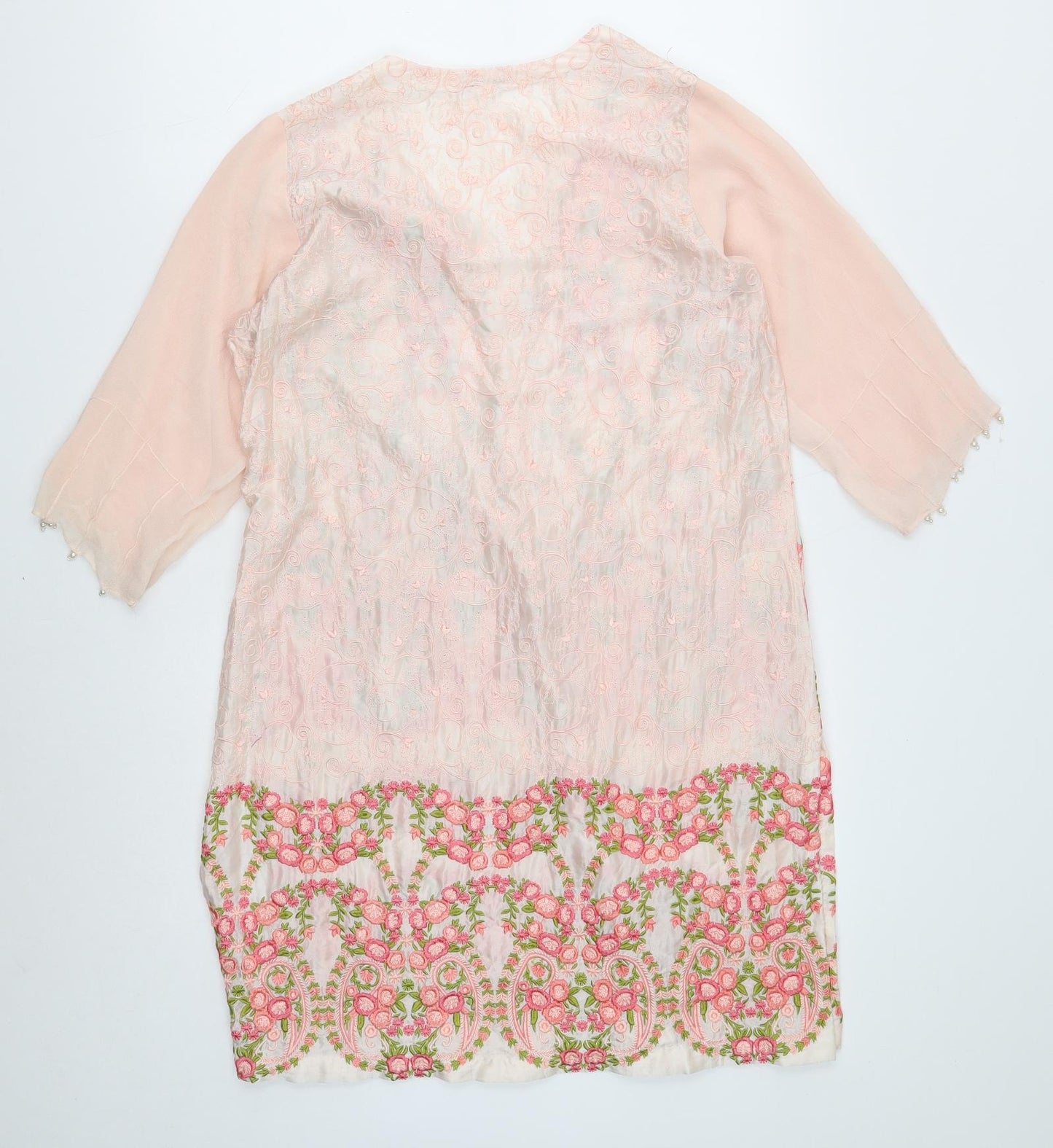 Agha Noor Womens Pink Floral Polyester Kaftan Size M V-Neck Button