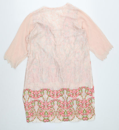 Agha Noor Womens Pink Floral Polyester Kaftan Size M V-Neck Button