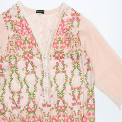 Agha Noor Womens Pink Floral Polyester Kaftan Size M V-Neck Button