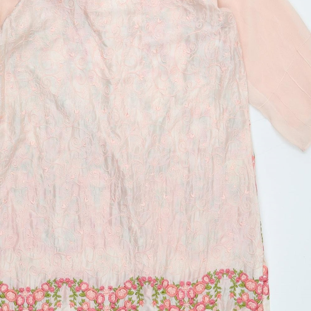 Agha Noor Womens Pink Floral Polyester Kaftan Size M V-Neck Button