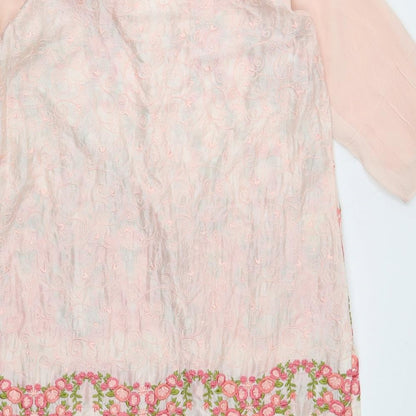 Agha Noor Womens Pink Floral Polyester Kaftan Size M V-Neck Button