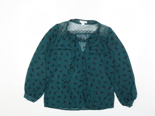 Cotton On Womens Green Geometric Polyester Basic Blouse Size M V-Neck - Horse Print Tie Neck