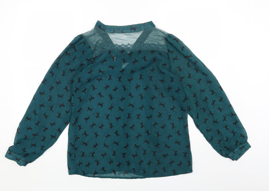 Cotton On Womens Green Geometric Polyester Basic Blouse Size M V-Neck - Horse Print Tie Neck