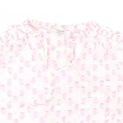 b.young Womens Pink Geometric Cotton Basic Blouse Size 10 V-Neck