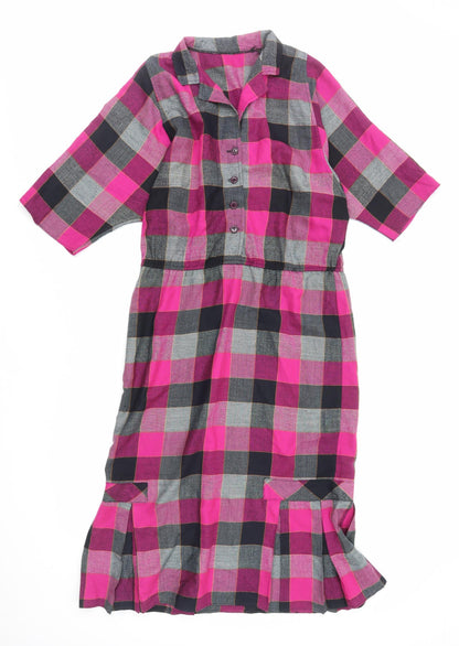 Preworn Womens Pink Check Polyester Shirt Dress Size L Collared Button
