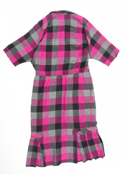 Preworn Womens Pink Check Polyester Shirt Dress Size L Collared Button