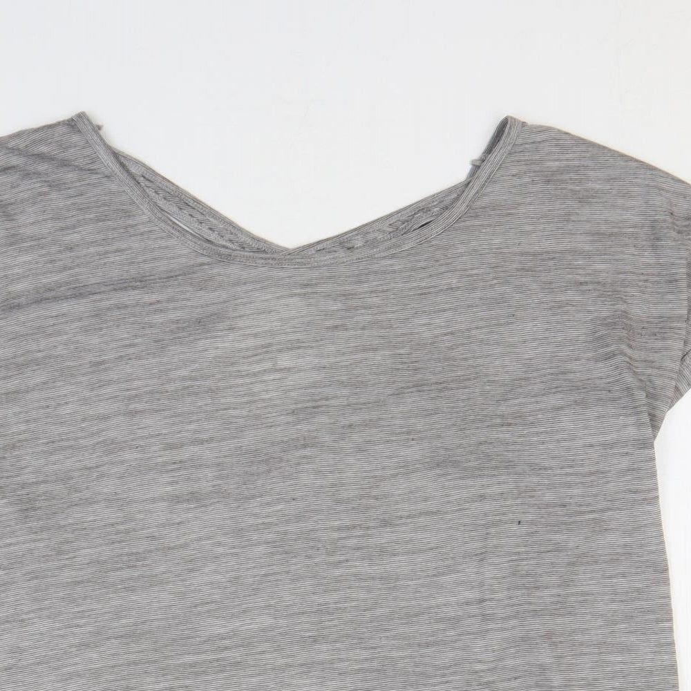 Matalan Womens Grey Striped Polyester Basic T-Shirt Size M Round Neck