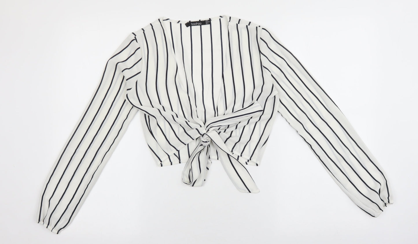 Boohoo Womens White Striped Polyester Basic Blouse Size 6 V-Neck