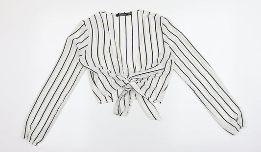 Boohoo Womens White Striped Polyester Basic Blouse Size 6 V-Neck