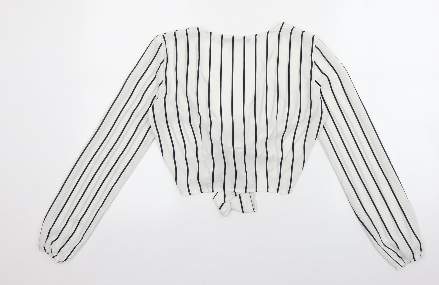 Boohoo Womens White Striped Polyester Basic Blouse Size 6 V-Neck