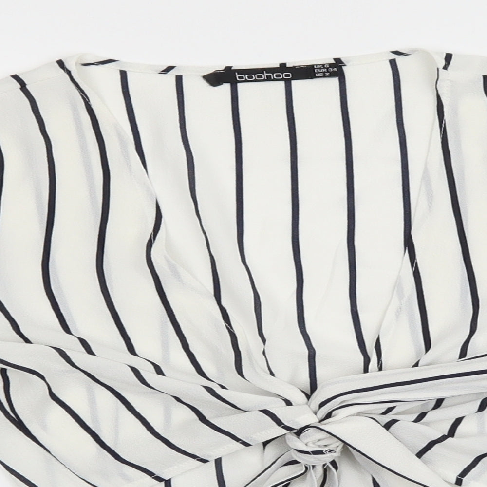 Boohoo Womens White Striped Polyester Basic Blouse Size 6 V-Neck