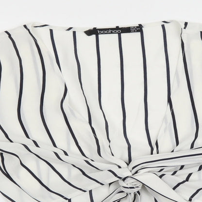 Boohoo Womens White Striped Polyester Basic Blouse Size 6 V-Neck