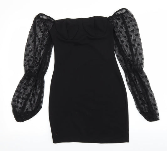 PRETTYLITTLETHING Womens Black Polyester Mini Size 6 Off the Shoulder Pullover