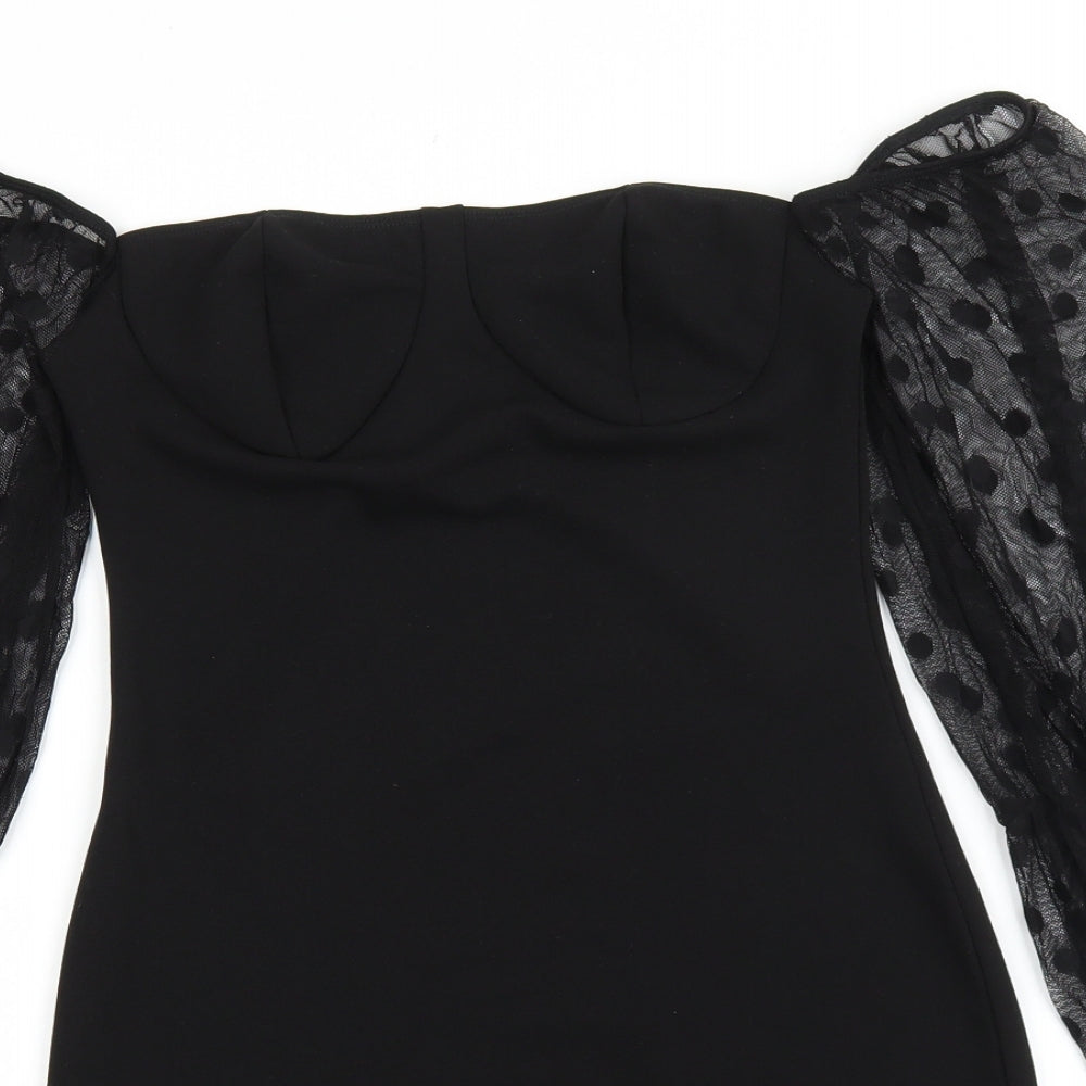 PRETTYLITTLETHING Womens Black Polyester Mini Size 6 Off the Shoulder Pullover