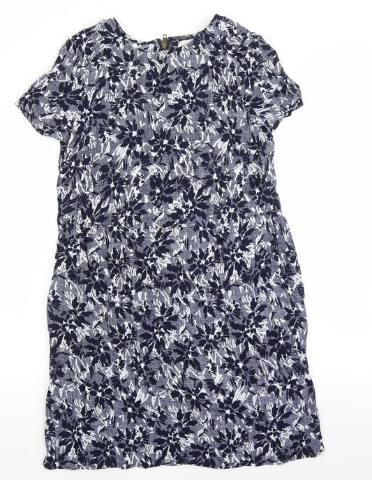 John Lewis Womens Blue Floral Viscose Sheath Size 12 Boat Neck Zip