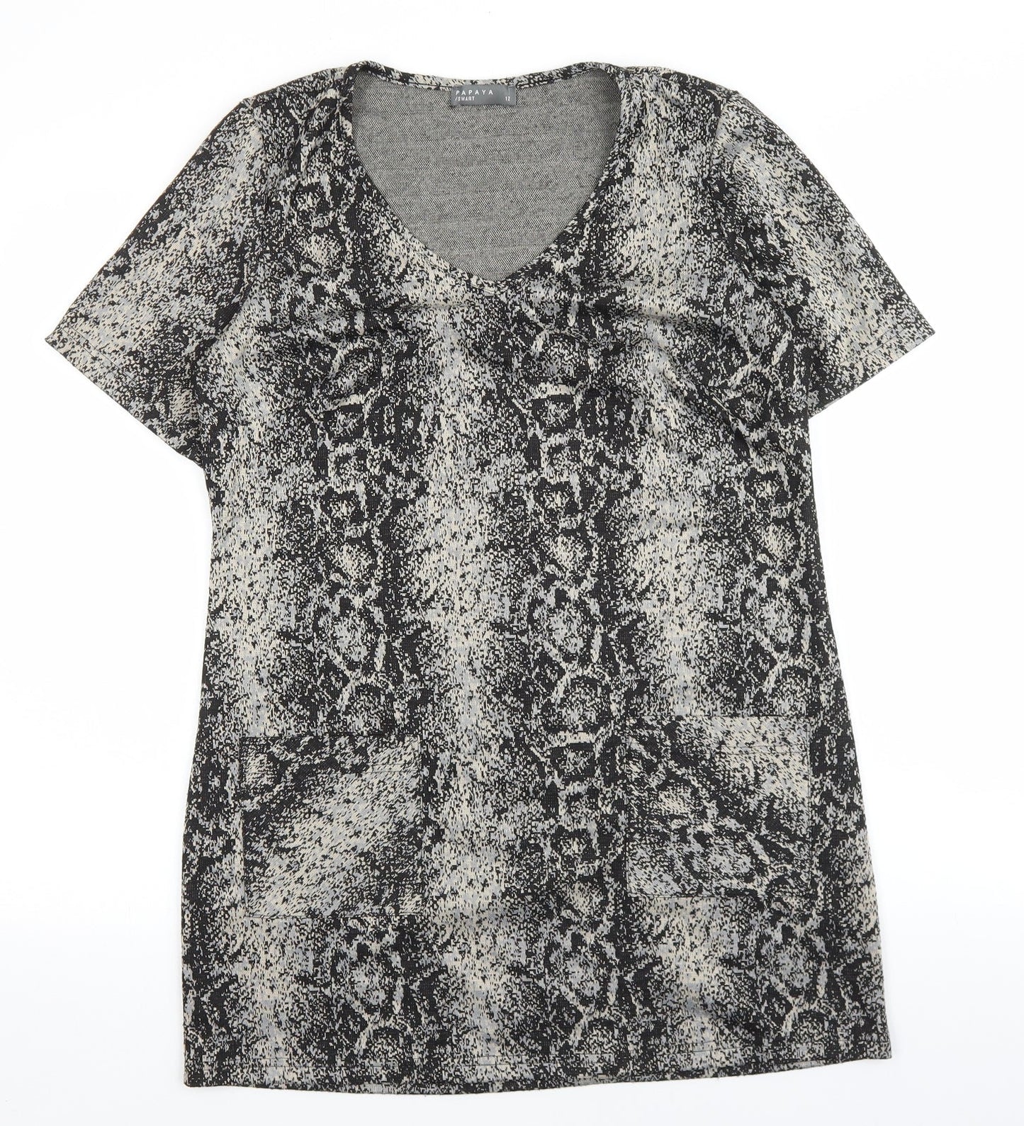 Papaya Womens Brown Animal Print Polyester Shift Size 12 V-Neck Pullover