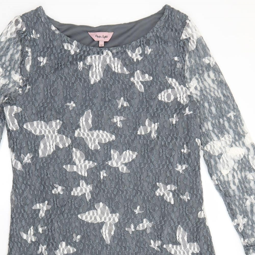 Phase Eight Womens Grey Geometric Polyester Sheath Size 12 Boat Neck Pullover - Butterfly Print