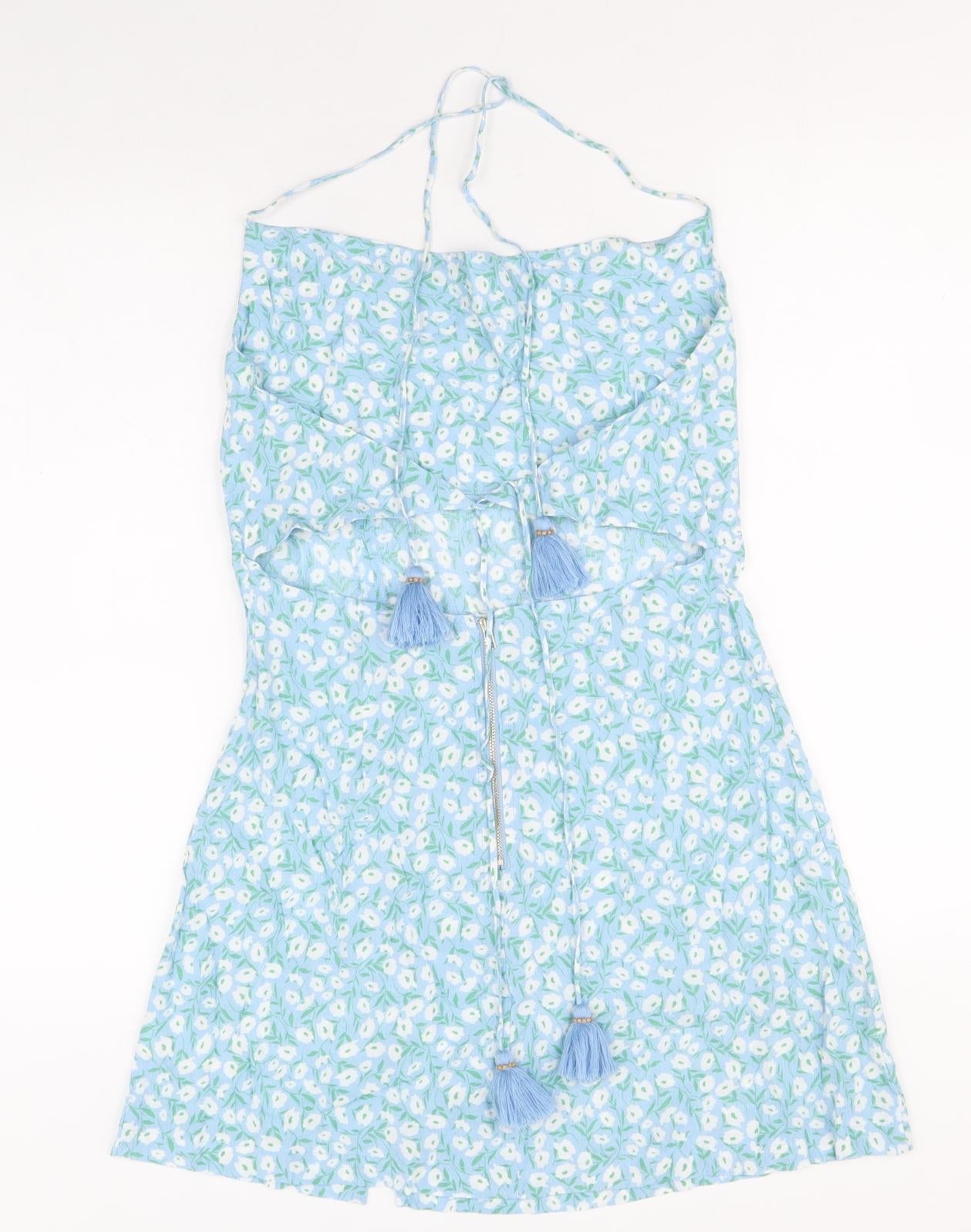 Skylar + Madison Womens Blue Floral Polyester Mini Size M Halter Zip