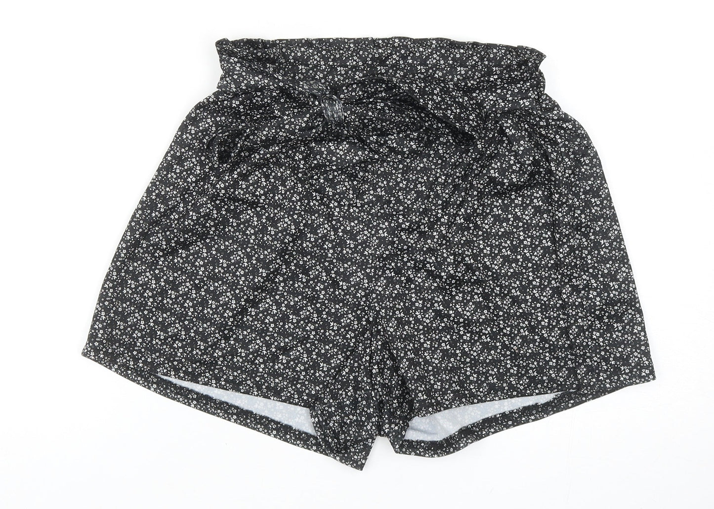 PRETTYLITTLETHING Womens Black Floral Polyester Culotte Shorts Size 6 Regular Tie