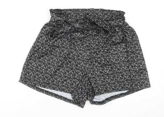 PRETTYLITTLETHING Womens Black Floral Polyester Culotte Shorts Size 6 Regular Tie