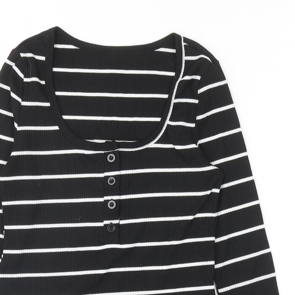 SheIn Womens Black Striped Polyester Basic T-Shirt Size S Scoop Neck